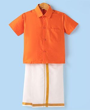 Babyhug Woven Half Sleeves Solid Color Shirt & Mundu Set - Orange