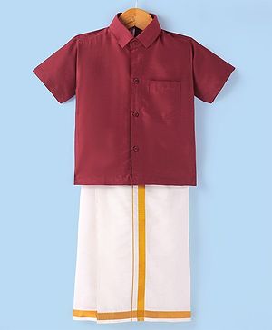 Babyhug Half Sleeves Solid Color Shirt & Mundu Set - Red