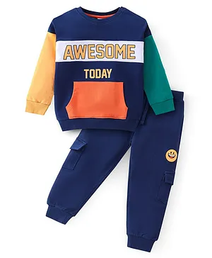 Babyhug Terry Cotton Knit Full Sleeves Text Printed T-Shirt & Lounge Pant Set - Multicolour