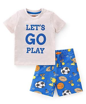 Babyhug Cotton Single Jersey Knit Half Sleeves T-Shirt & Shorts Football Print - Cream & Blue