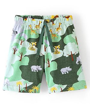 Babyhug Cotton Knit Elasticated Shorts with Draw Cord Animal Print - Green