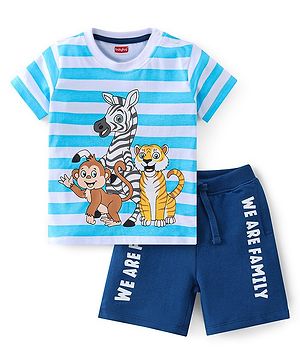 Babyhug Cotton Knit Half Sleeves Striped T-Shirt & Shorts Set Zebra Print - Blue