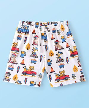 Babyhug Cotton Knit Shorts With Teddy Print - White