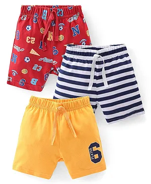 Babyhug Cotton Knit Shorts Sports Print Pack of 3 - Red Yellow & Blue