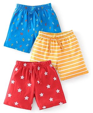 Babyhug Cotton Knit Shorts Striped & Stars Print Pack of 3 - Red Yellow & Blue