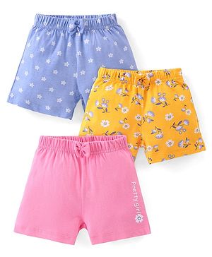 Babyhug Cotton Knit Shorts Floral Print Pack of 3 - Blue Yellow & Pink
