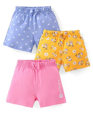 Babyhug Cotton Knit Shorts Floral Print Pack of 3 - Blue Yellow & Pink