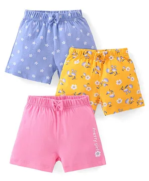Babyhug Cotton Knit Shorts Floral Print Pack of 3 - Blue Yellow & Pink