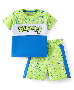 Babyhug Cotton Knit Half Sleeves T-Shirt & Shorts Set Text Print - Green & Blue