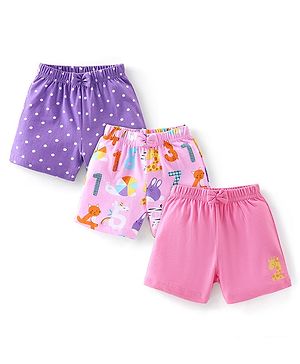 Babyhug Cotton Knit Shorts With Numbers & Polka Dots Print Pack Of 3 - Pink & Purple