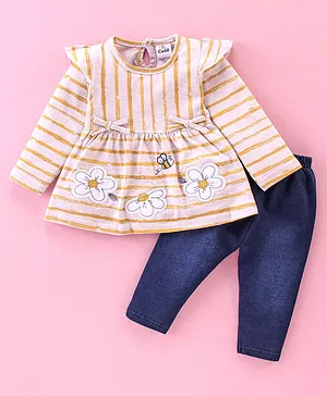 U R CUTE Full Sleeves Abstract Striped & Floral Patch Embroidered Dress With Leggings -  Yellow
