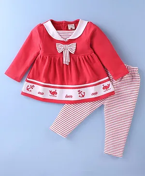 U R CUTE Full Sleeves Shark & Love Text Placement Embroidered Collared Dress With Striped Leggings - Red