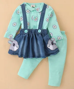 U R CUTE Full Sleeves Bunny Embroidered &  Flower Printed Dress With Coordinating Leggings -  Green