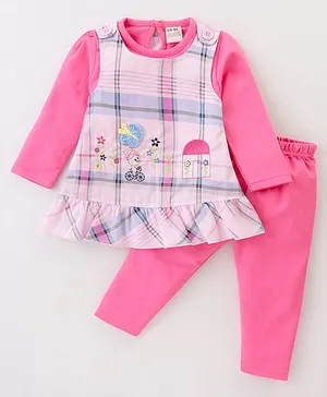 U R CUTE Full Sleeves Checked & Butterfly Embroidered A Line Dress With Leggings -  Pink