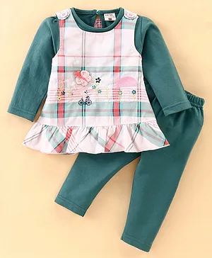 U R CUTE Full Sleeves Checked & Butterfly Embroidered A Line Dress With Leggings - Green