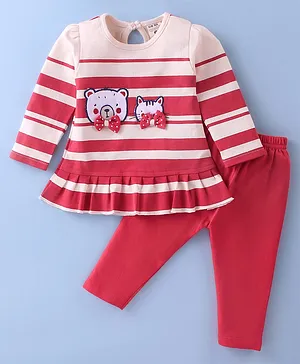 U R CUTE Full Sleeves Striped Teddy Bear & Cat Patch Bow Applique Dress with Leggings - Red