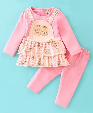 U R CUTE Full Sleeves Teddy Embroidered & Flower Printed Layered Dress With Leggings - Pink