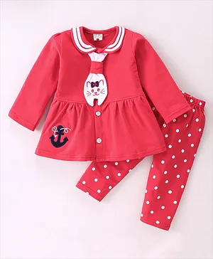 U R CUTE Full Sleeves Sea Anchor Embroidered Foit & Flare Dress With Polka DOt Printed Leggings - Red