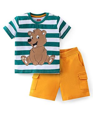 Babyhug Cotton Knit Half Sleeves Striped T-Shirt & Shorts Set Bear Print - Green & Orange