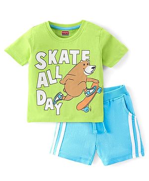 Babyhug Cotton Knit Half Sleeves T-Shirt & Shorts Set Bear Print - Green & Blue