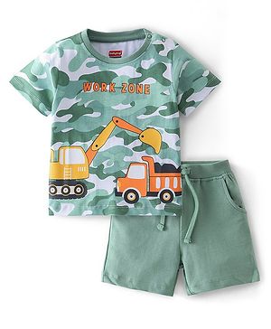 Babyhug 100% Cotton Knit Half Sleeves T-Shirt & Shorts With JCB Print - Green