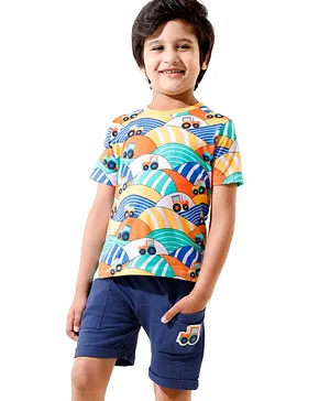 Babyhug 100% Cotton Knit Half Sleeves T-Shirt & Shorts With Tractor Print & Embroidery - Navy Blue & Yellow