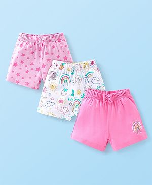 Babyhug Cotton Knit Shorts With Star & Clouds Print Pack Of 3 - Pink & White