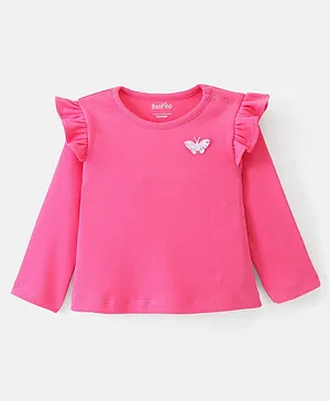 Bonfino 100% Cotton Knit Full Sleeves Textured T-Shirt with Frill Detailing & Butterfly Applique - Pink