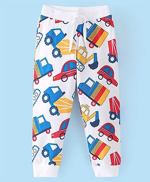 Babyhug Cotton Looper Knit Full Length Lounge Pant Construction Vehicles Printed - White