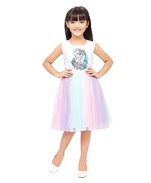 Doodle Girls Sleeveless Unicorn Printed Colour Block Tulle  Party Dress  - Off White