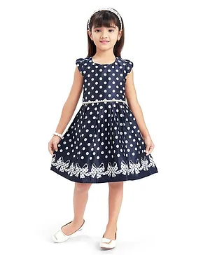 Doodle Girls Cap Sleeves  Polka Dot Printed  With Pearl Embellished Dress  - Navy Blue