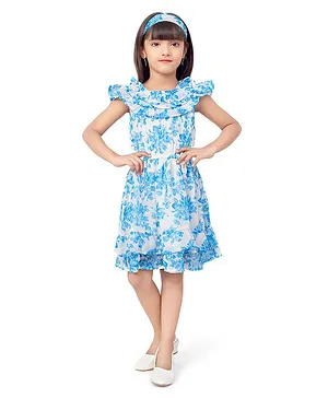 Doodle Girls Frilled Detailed Neckline Floral Motif Printed     Ruffled Dress With Headband - Blue
