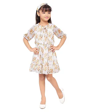 Doodle Girls Half Sleeves Floral Printed Tie up Neck Dress With Hairband - Yellow