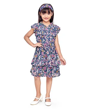 Doodle Girls Clothing Cap Sleeves Seamless Floral Printed Fit & Flare Layered Chiffon Dress - Navy Blue