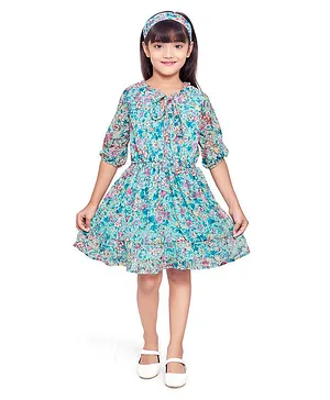 Doodle Girls Clothing three Fourth Sleeves Seamless Floral Printed Fit & Flare Chiffon Dress With Hair Band - Green