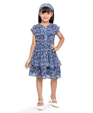Doodle Girls Third Fourth Sleeves Floral Printed Embellished Layered Dress With Hairband - Blue