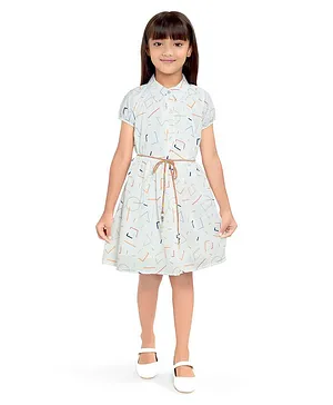 Doodle Girls Clothing Half Sleeves Abstract Printed Shirt Style  Dress With Belt  -  White