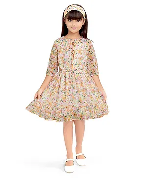 Doodle Girls Clothing Three Fourth Sleeves  Floral Printed & Neck Tie Up Detailed Dress With Hair Band - Yellow