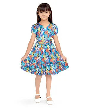 Doodle Girls Clothing Half Sleeves Leaves Printed Dress - Blue