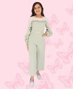 Cutecumber Full Bell Sleeves Pearls Embellished Abstract Curvy Line Embroidered  Frill Detailed Casual Jumpsuits - Green