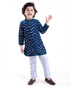 Babyhug Velvet Sequenced Embroidered Full Sleeves Sherwani Kurta Pyjama Set - Navy Blue