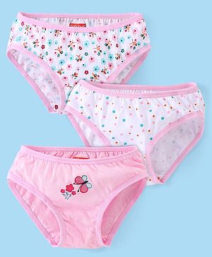 Babyhug 100% Cotton Knit Floral & Polka Dots Printed Panties Pack of 3 - Pink & White