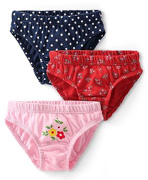 Babyhug 100% Cotton Panties With Polka Dots & Floral Print Pack Of 3 - Navy Blue Red & Pink