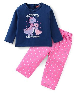 Babyhug Single Jersey Cotton Knit Full Sleeves Nightsuit With Dino Print - Navy Blue & Pink