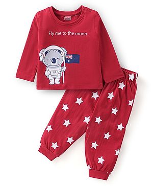 Babyhug Cotton Knit Full Sleeves Stars & Astronaut Koala Bear Printed Night Suit - Red