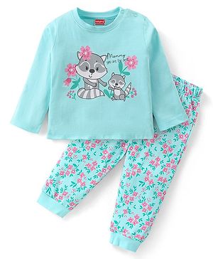 Babyhug Cotton Knit Full Sleeves Raccoon & Floral Printed Night Suit - Blue