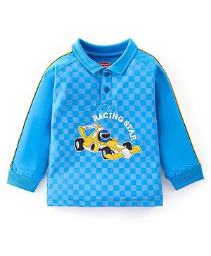 Babyhug 100% Cotton Knit Full Sleeves Polo T-Shirt with Checks & Car Graphics - Blue