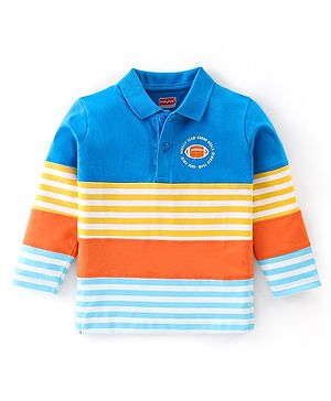 Babyhug Cotton Knit Full Sleeves Striped Polo T-Shirt with Cut & Sew Design - Multicolour