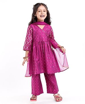 Babyhug Three Fourth Sleeves Foil Printed Kurti Pant and Dupatta - Fuchsia