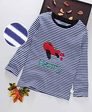 ROYAL BRATS Full Sleeves Railroad Striped & Aeroplane Embroidered Henry Tee - Blue